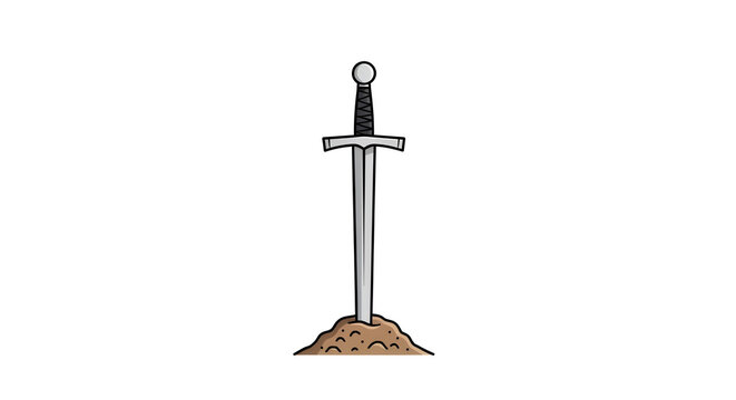 Excalibur sword stuck in ground illustration medieval fantasy weapon with silver blade and brown dirt simple cartoon style