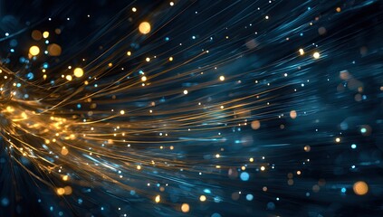 Fototapeta premium Abstract glowing golden particles trail through ethereal blue energy strands