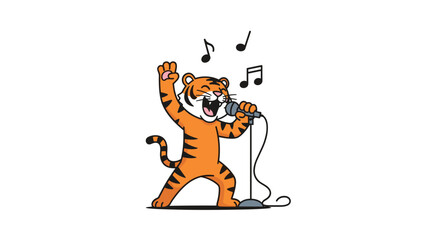 Obraz premium Happy tiger character singing with a microphone and musical notes floating around it for entertainment and music themes.