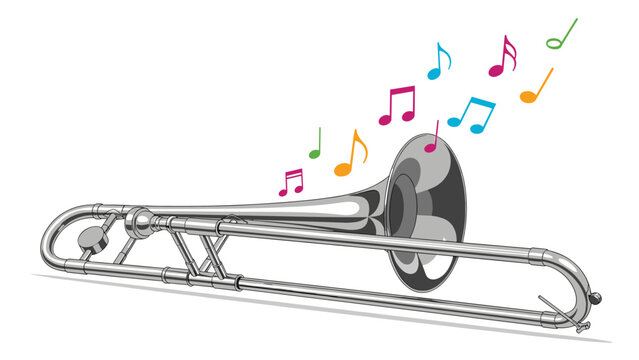 Shiny silver trombone with vibrant colorful music notes floating from the bell against a plain white background.