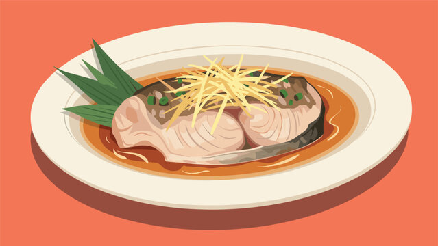 Traditional chinese steamed fish steak served in a savory soy-based sauce and garnished with julienned ginger and chopped green onions.