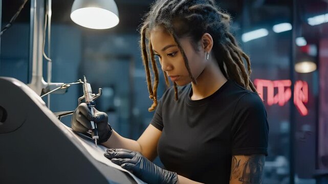 Tattoo artist meticulously working on a detailed design with a tattoo machine, showcasing skill and precision in a professional studio environment.