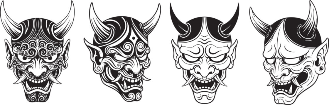 Oni Mask Tattoo Collection &ndash; Japanese Demon Mask Blackwork Vector Set