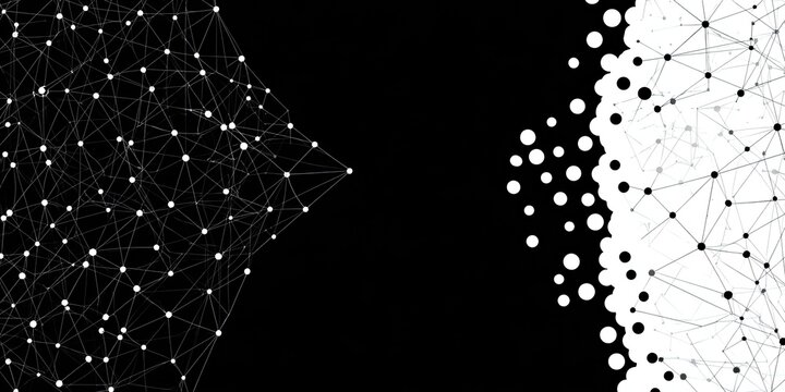 Abstract network of white dots and lines on a black background, fading into a dotted pattern