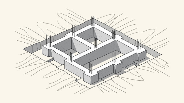 Isometric drawing of a reinforced concrete building foundation with rebar poking out during the initial phase of house construction.