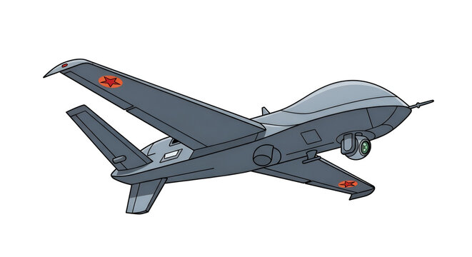Gray Unmanned Combat Aerial Vehicle with Red Star Insignia Flying in a Cartoon Style Air Force Technology Illustration Drone Plane