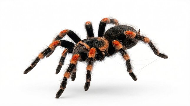 Mexican red-knee tarantula on white background showing its distinctive black and orange coloration