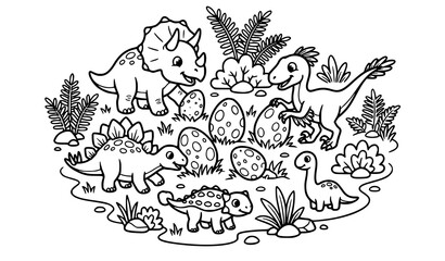 Cartoon Dinosaur Outline Coloring Page with Triceratops Stegosaurus Eggs and Plants Vector © Romjan