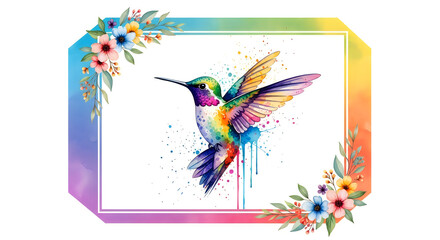 Fototapeta premium A colorful hummingbird in flight surrounded by vibrant flowers and leaves
