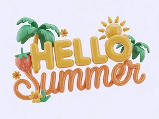 Fototapeta premium Dynamic 3D Summer Graphic Featuring Bold “HELLO SUMMER” Lettering with Fun and Vibrant Holiday Vibes