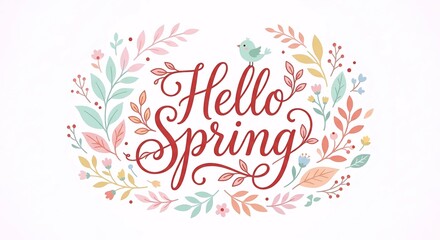 Obraz premium Beautiful Flat Vector Illustration with “Hello Spring” Hand-Lettered Elegant Typography and Fresh Floral Seasonal Design