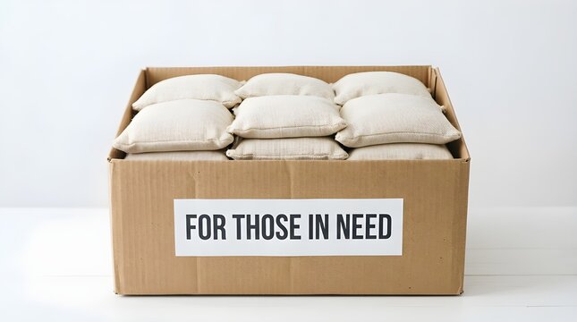 Donation box filled with packed rice supplies labeled for those in need, symbolizing staple food support, hunger relief, and community charity distribution.