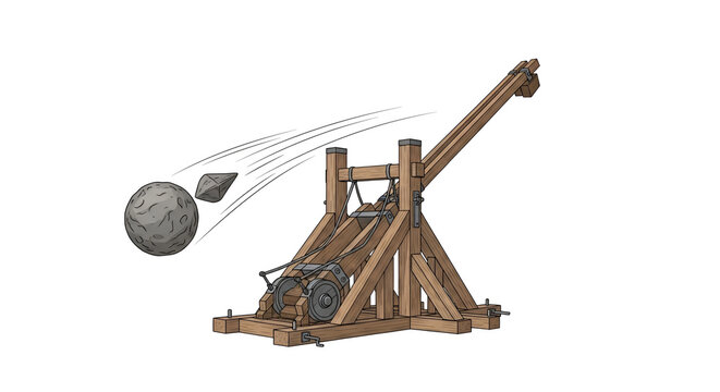 Illustration of a wooden trebuchet launching a stone projectile with motion trails on a white background in cartoon style
