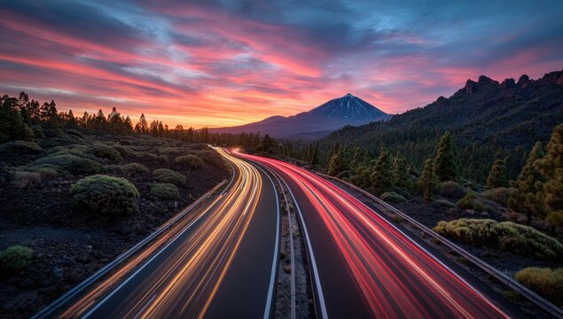 Long exposure highway at sunset with mountain and vibrant sky