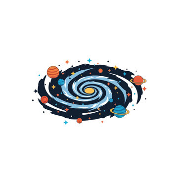 Colorful Cartoon Galaxy with Planets and Stars Illustration.