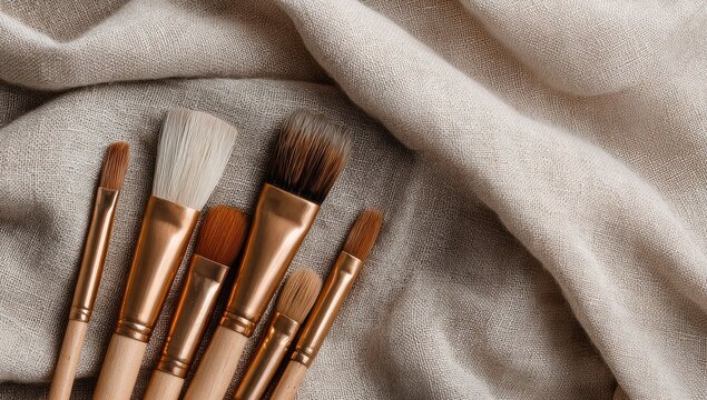 Assortment of cosmetic brushes with wooden handles and gold ferrules laid out on fabric