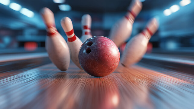 A bowling ball rolls towards the bowling pins on a polished bowling lane.