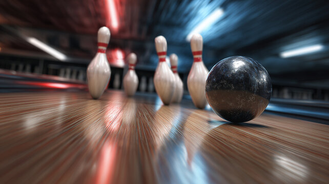 A bowling ball rolls towards the bowling pins on a polished bowling lane.