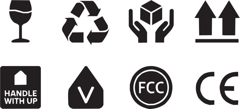 Packaging compliance vector illustration for eco tattoo or safety logo. Glyph pictograms of recycling arrows, fragile cube, caution triangle and FCC logo