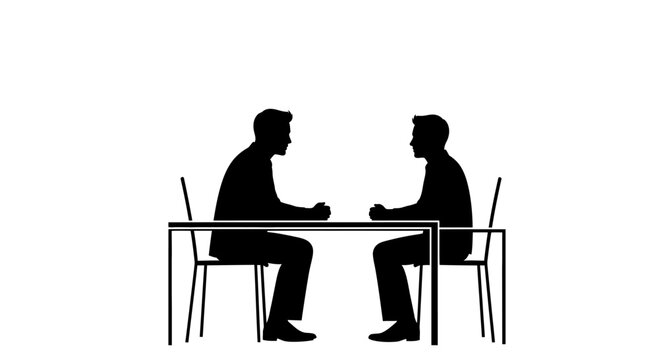 Two men sitting at table talking.