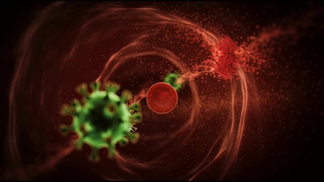 Close up 3D illustration of virus attacking red blood cells with particles in bloodstream