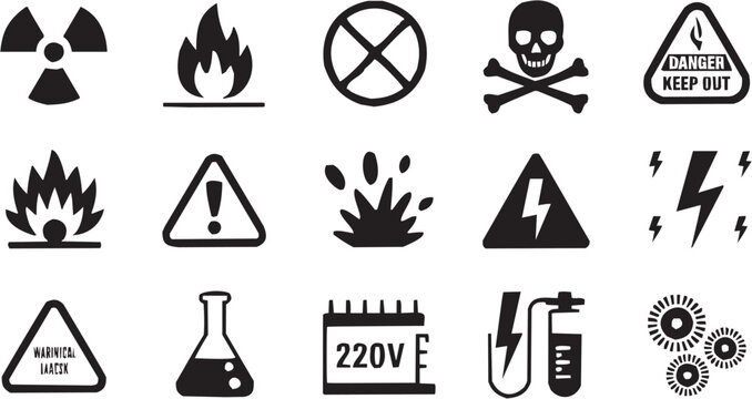 Laboratory hazard vector illustration for science tattoo or safety logo. Glyph pictograms of flames, explosion, lightning bolt, beaker and 220V text