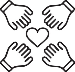 Obraz premium Care teamwork vector illustration for charity tattoo or community logo. Glyph pictograms of four hands surrounding heart symbol