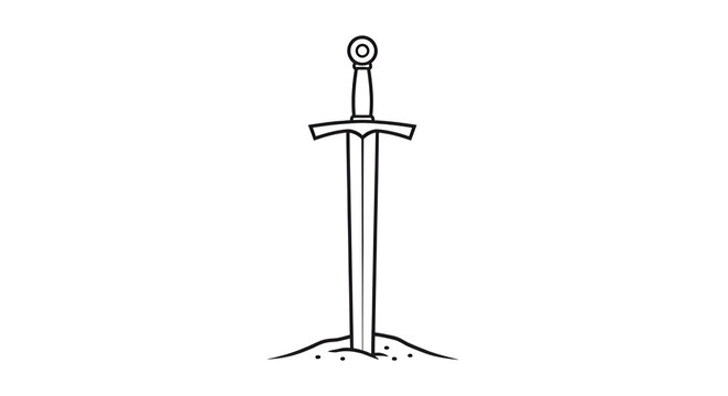 Medieval sword in the stone vector illustration; black and white drawing of Excalibur with clean outline; fairy tale legend design element