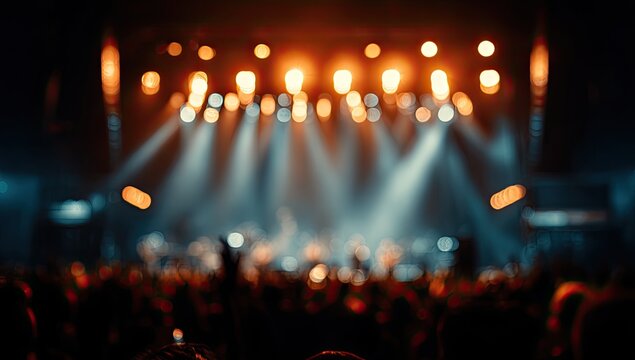 Blurred concert scene with stage lights illuminating a cheering crowd in darkness