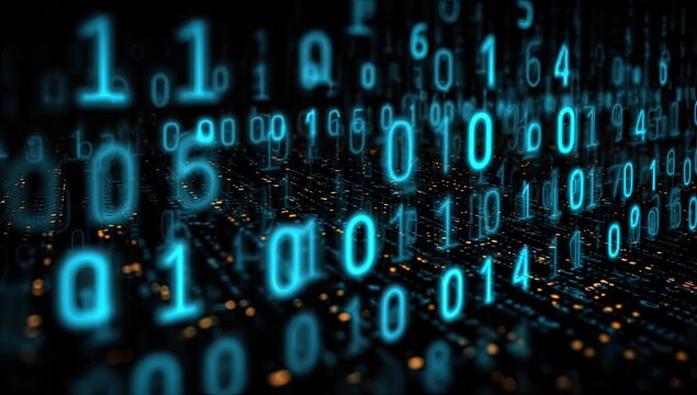 Abstract digital stream of glowing blue binary code on dark background