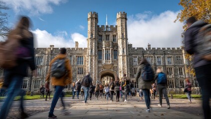Obraz premium Students walking towards a grand gothic university building on a sunny day
