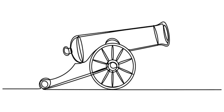 Continuous line drawing of a vintage cannon on wheels isolated on a white background. Vector, illustration