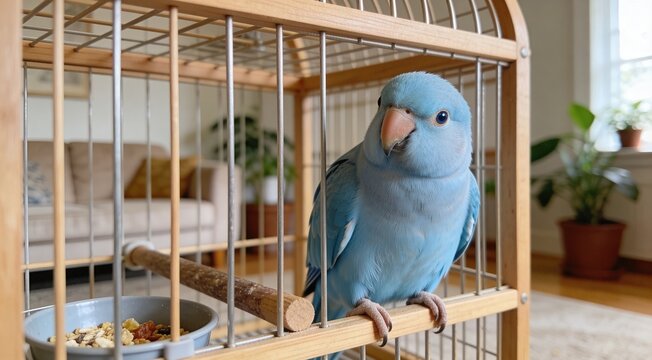 Adorable light blue parrot perched in a cage in a cozy indoor setting