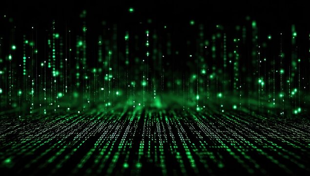 Abstract digital rain of green glowing particles and binary code streams