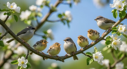 Obraz premium a group of small birds sitting on a branch with white flowers on a sunny day with blue sky birds on