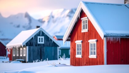 Obraz premium Vibrant red and blue cabins blanketed in snow against a backdrop of snow-capped mountains