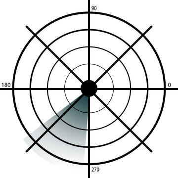 Radar screen icon with active signal scan and target detection. Vector sonar display with sweep effect and target points on a grid interface. Minimalist monitoring and tracking graphic element.