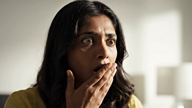Close-up portrait of a shocked young woman covering her mouth with her hand in a blurred indoor setting with soft natural lighting.