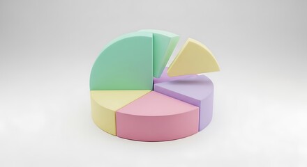 Obraz premium Pastel pie chart with five colorful sections; one partially detached, on a white background