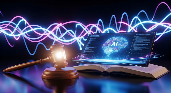 Luminous judicial gavel and holographic digital law book with artificial intelligence symbol on dark neon background representing futuristic legal system and technology ethic regulation.