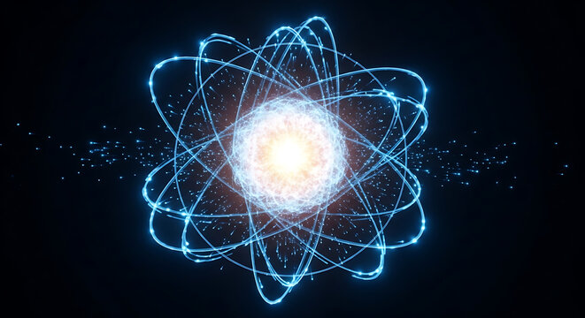Luminous atomic structure featuring glowing blue electron orbit and shimmering particle against a deep dark background illustrating advanced scientific research and nuclear physics concept.