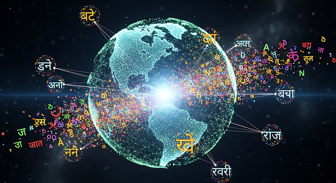 Futuristic glowing 3D world globe with diverse international language floating around digital sphere representing global artificial intelligence powered translation technology and connectivity.