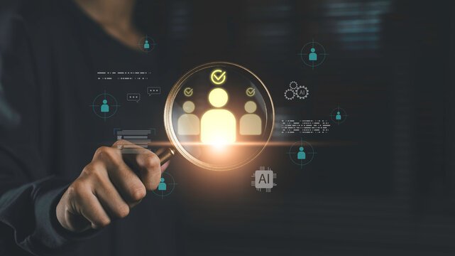 AI customer targeting and CRM analytics concept with magnifying glass audience segmentation. Business intelligence, data analysis, client profiling, digital strategy and smart marketing optimization.