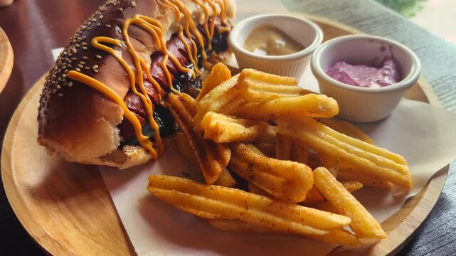 Hot dog with french fries and mustard, beetroot sauces on a wooden board. High quality 4k footage