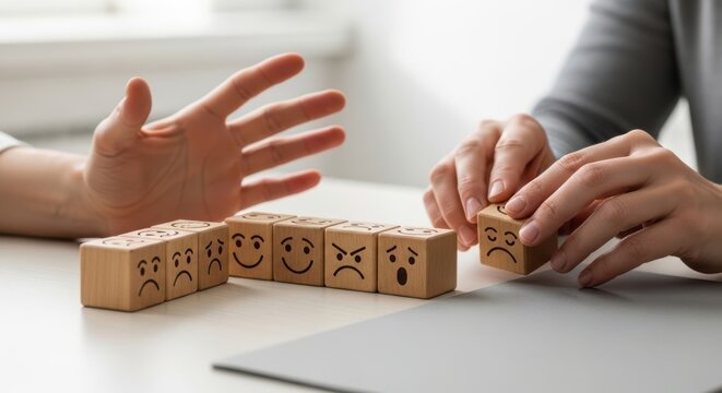 Hands interacting with wooden emotion blocks for cognitive behavioral therapy and psychological exploration of feelings in a clean commercial studio environment