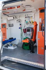 Interior of an ambulance. Emergency equipment and devices in ambulance car © dechevm