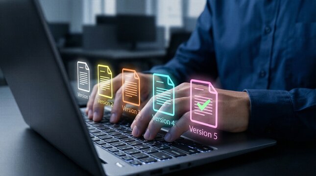 Digital repository archiving and software release management. User interacting with laptop keyboard displaying neon document holograms of different versions.