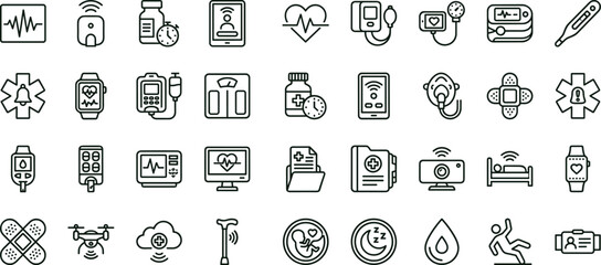 Fototapeta premium Medical monitoring outline icon set with healthcare diagnostic equipment wearable devices hospital technology symbols for apps dashboards interfaces presentations