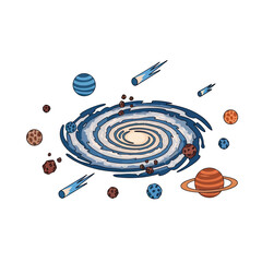 Colorful Galaxy with Planets, Asteroids, and Comets Illustration. © Cul