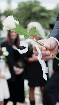Man, hands and flower in graveyard with funeral, people mourning and burial ceremony for final goodbye. Person, rose and family death in cemetery outdoor with memorial service, grief and bereavement.